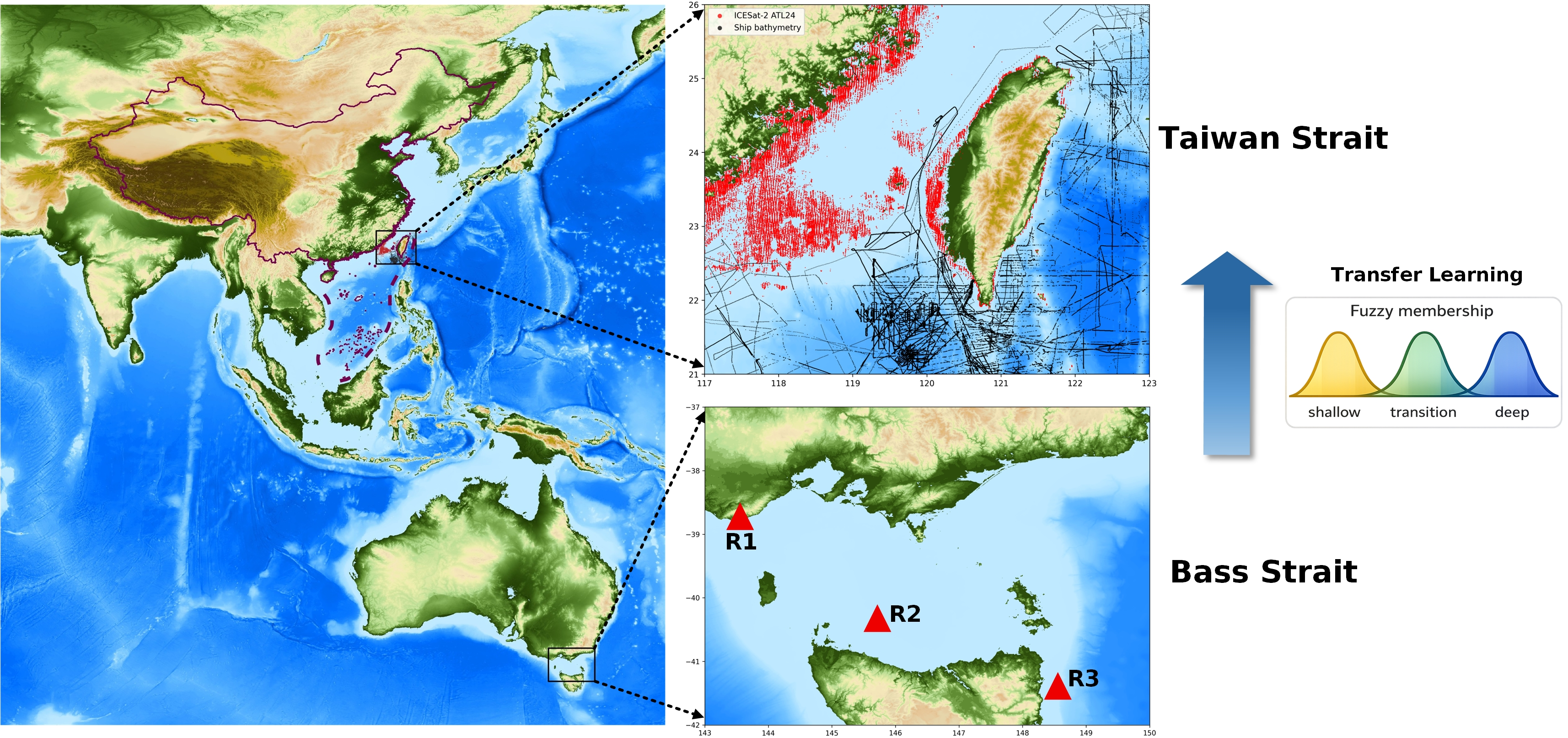 Taiwan Strait and Bass Strait study areas with bathymetric observations