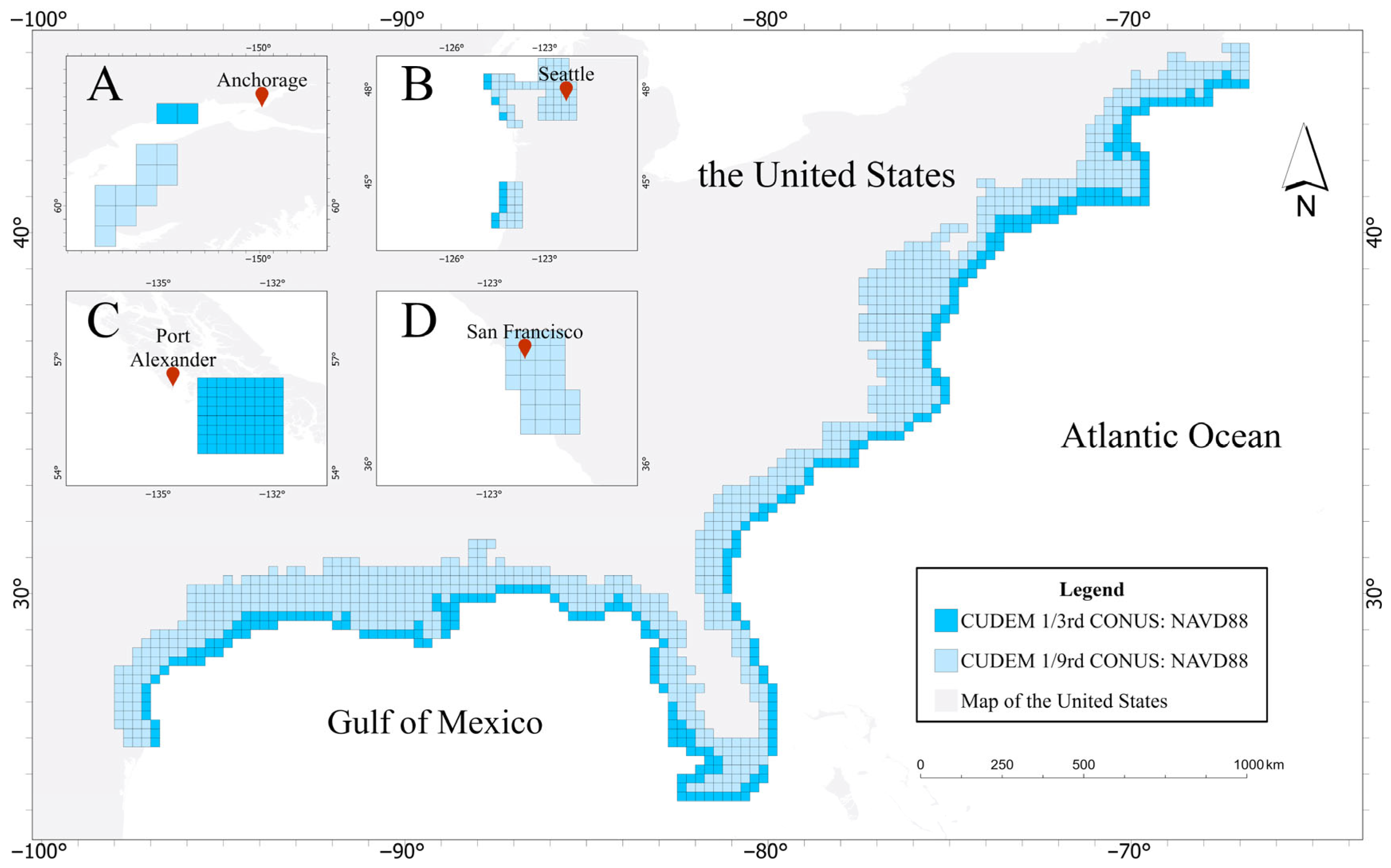 Spatial distribution of CUDEM source tiles and the selected U.S. coastal training regions