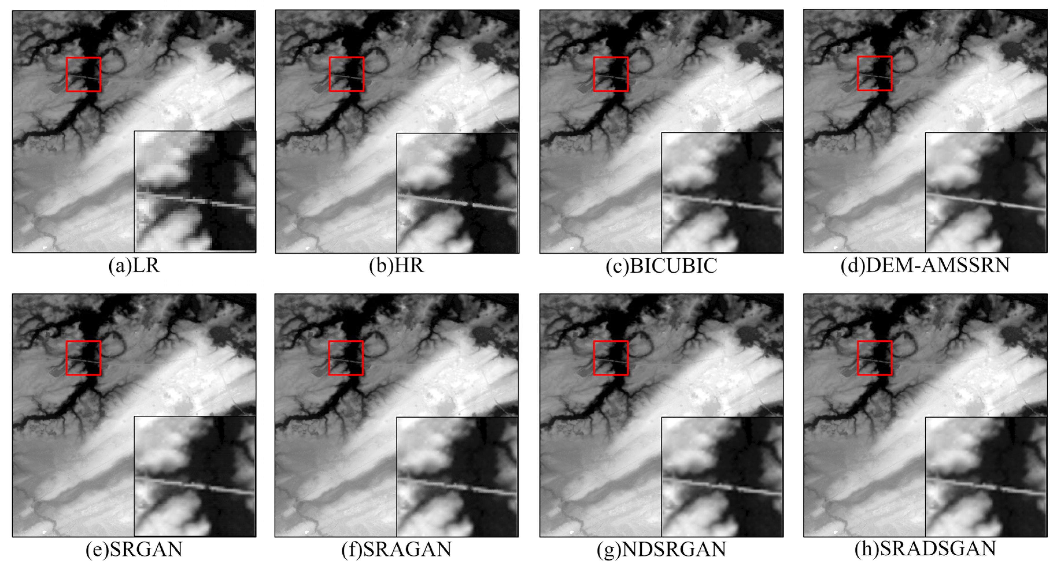 TEST5 super-resolution comparison across bicubic, DEM-AMSSRN and GAN baselines