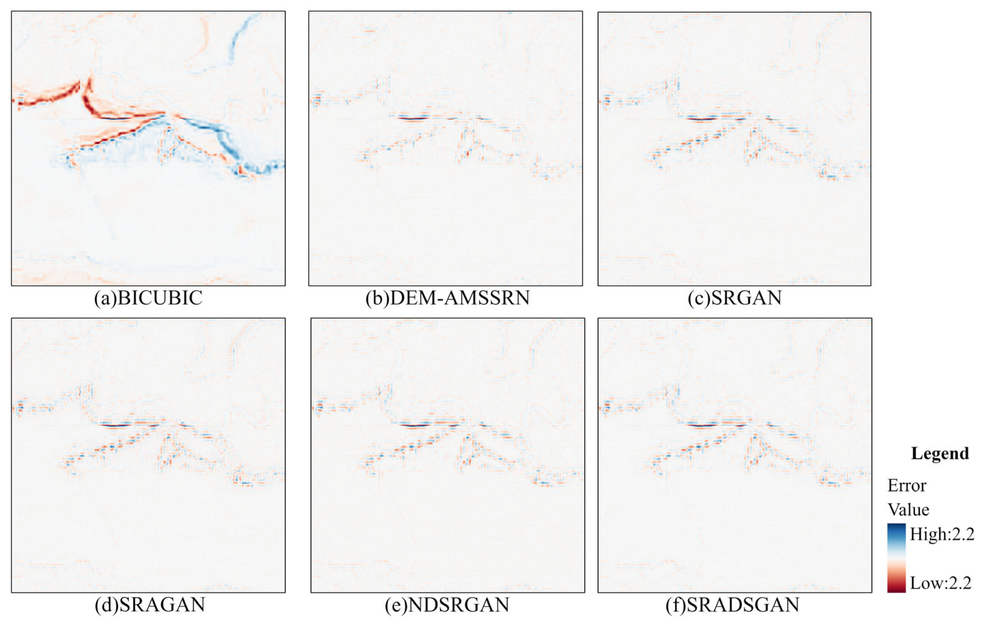 TEST8 error maps for bicubic, DEM-AMSSRN and GAN baselines